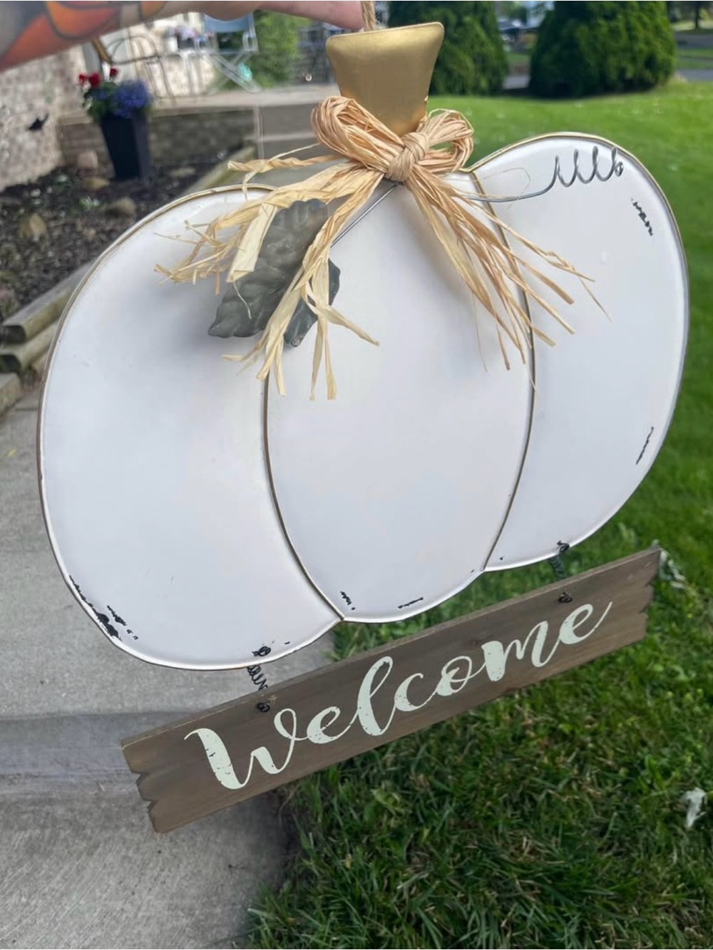 White Metal Pumpkin Welcome Wall Decor with Raffia Bow